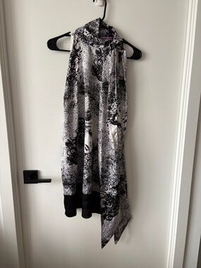 Sleeveless Black & White Printed Mini Dress with Tie Neck